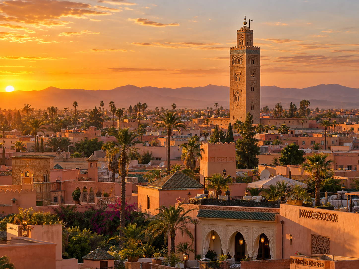 Koutoubia Mosque rising above the Marrakech skyline at sunset