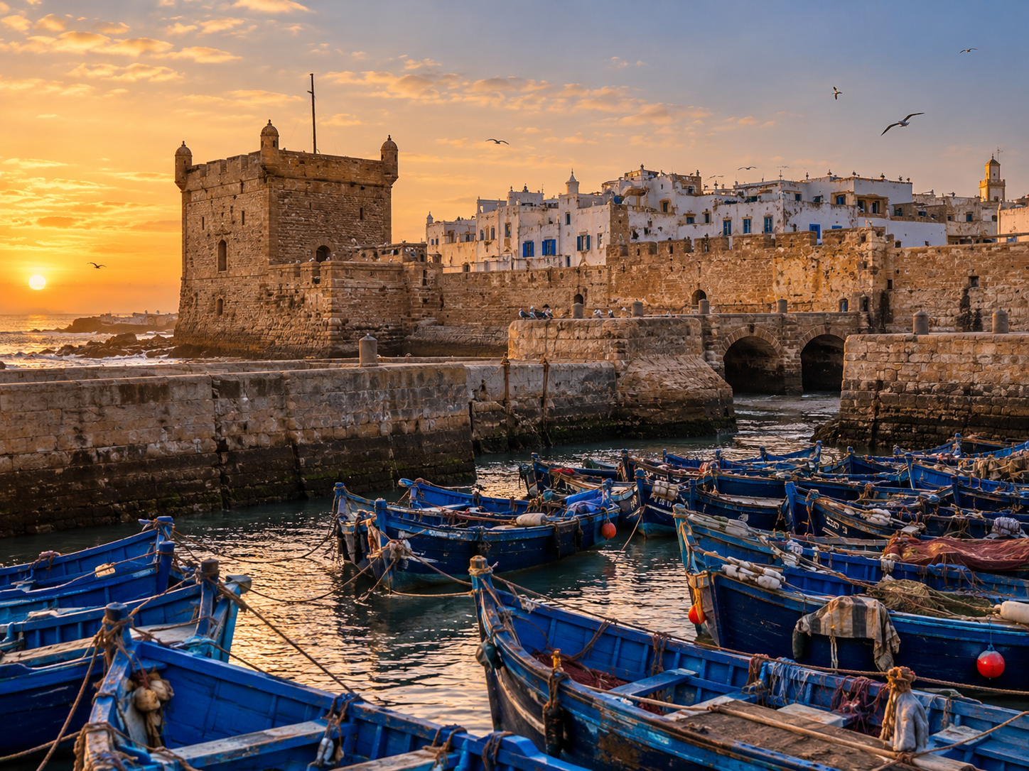 Blue fishing boats in the port of Essaouira beside the medina walls