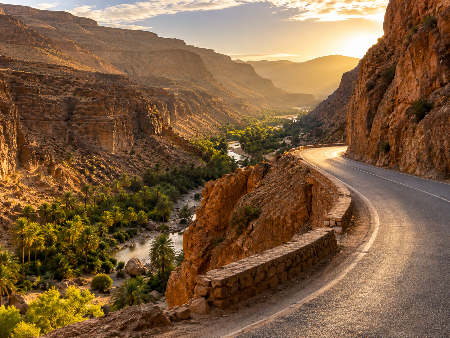 Winding mountain road above a palm-filled river valley between rocky canyon walls