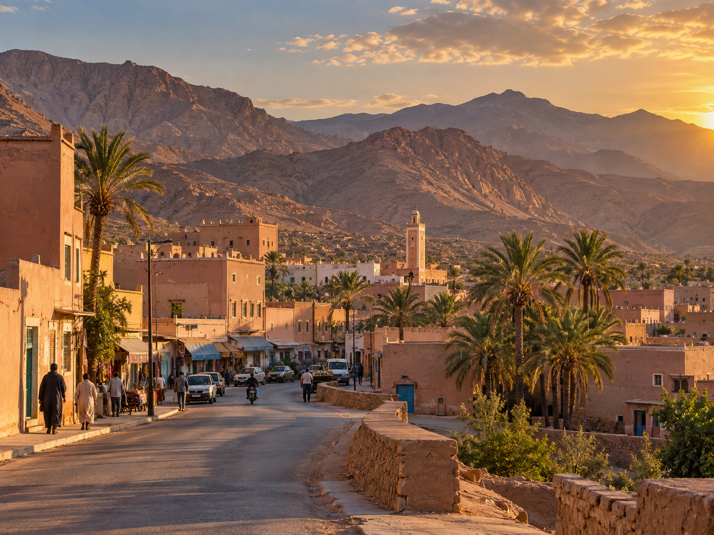 Southern Moroccan town with palm trees, mountains and a minaret at sunset