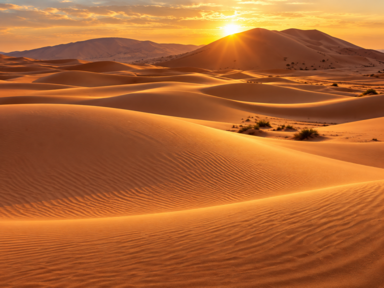 Wide golden Sahara dunes under a clear sky