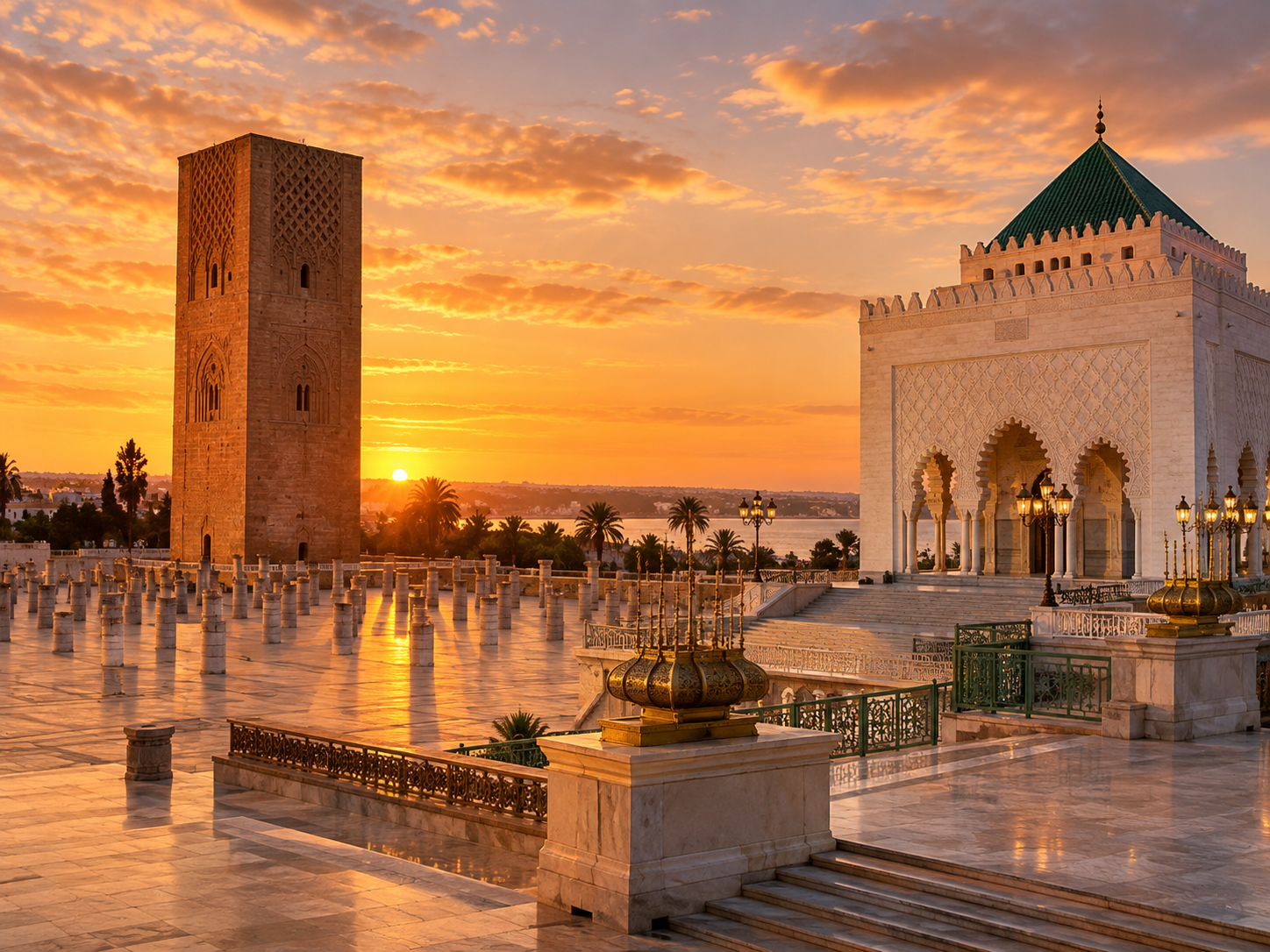 Hassan Tower and the Mohammed V Mausoleum in Rabat at sunset