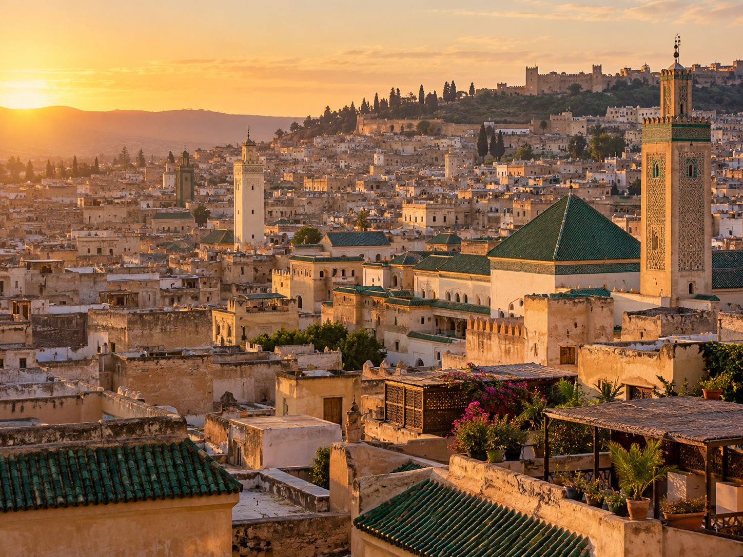 Fez medina skyline with historic minarets and green-tiled roofs at sunset
