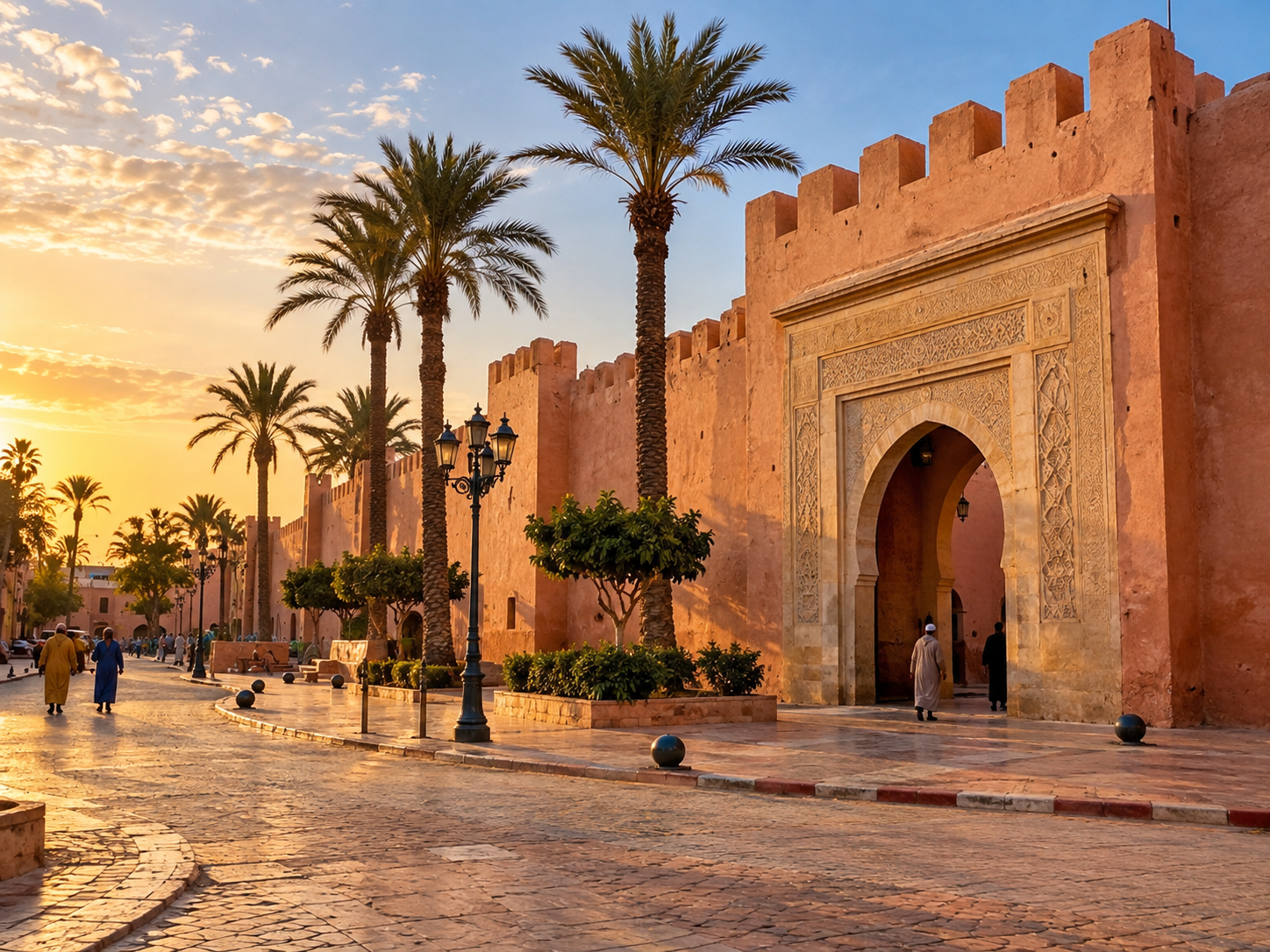 Historic ramparts and decorative gate lined with palm trees