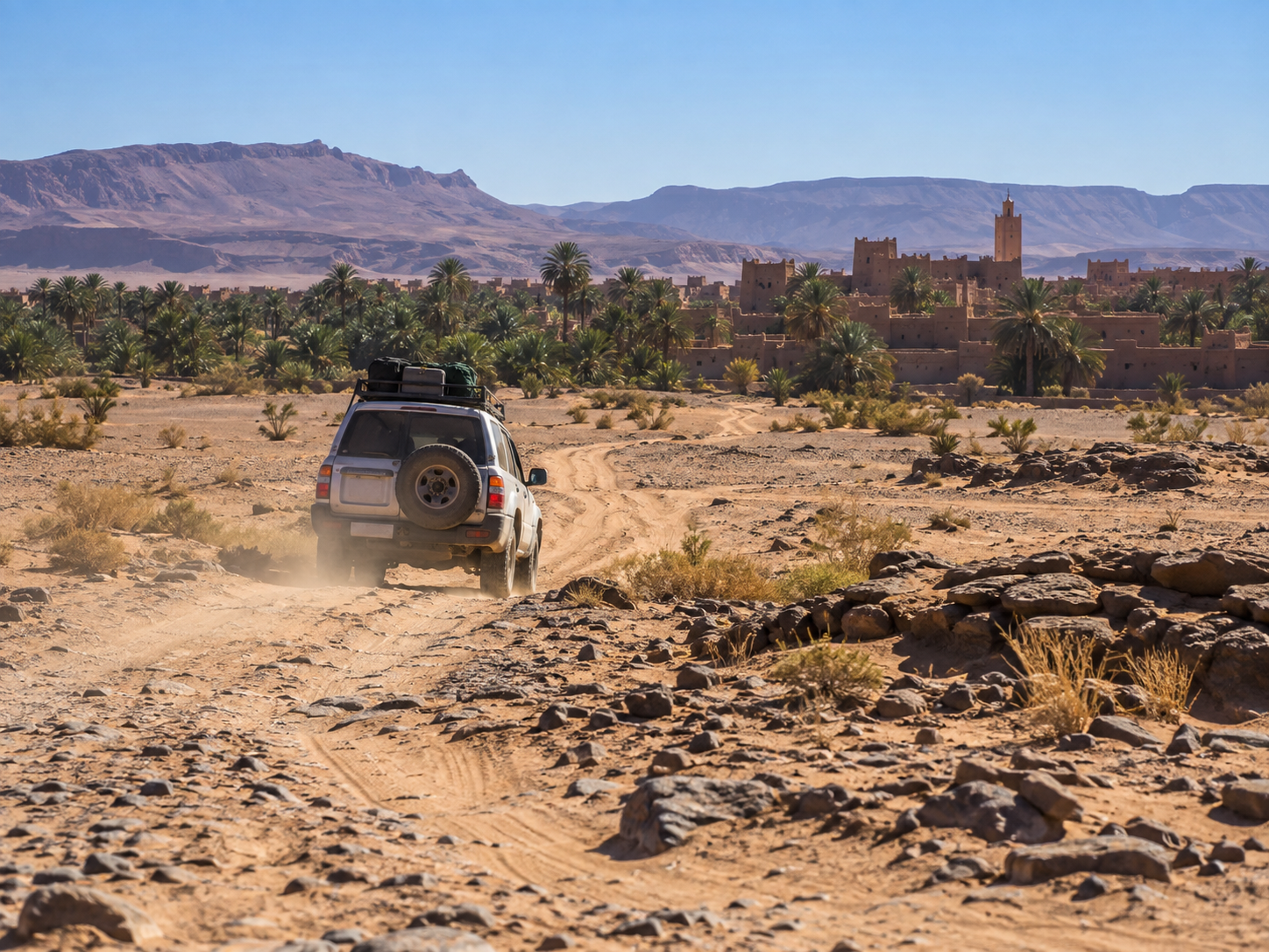 4x4 vehicle driving toward a palm oasis and earthen desert village
