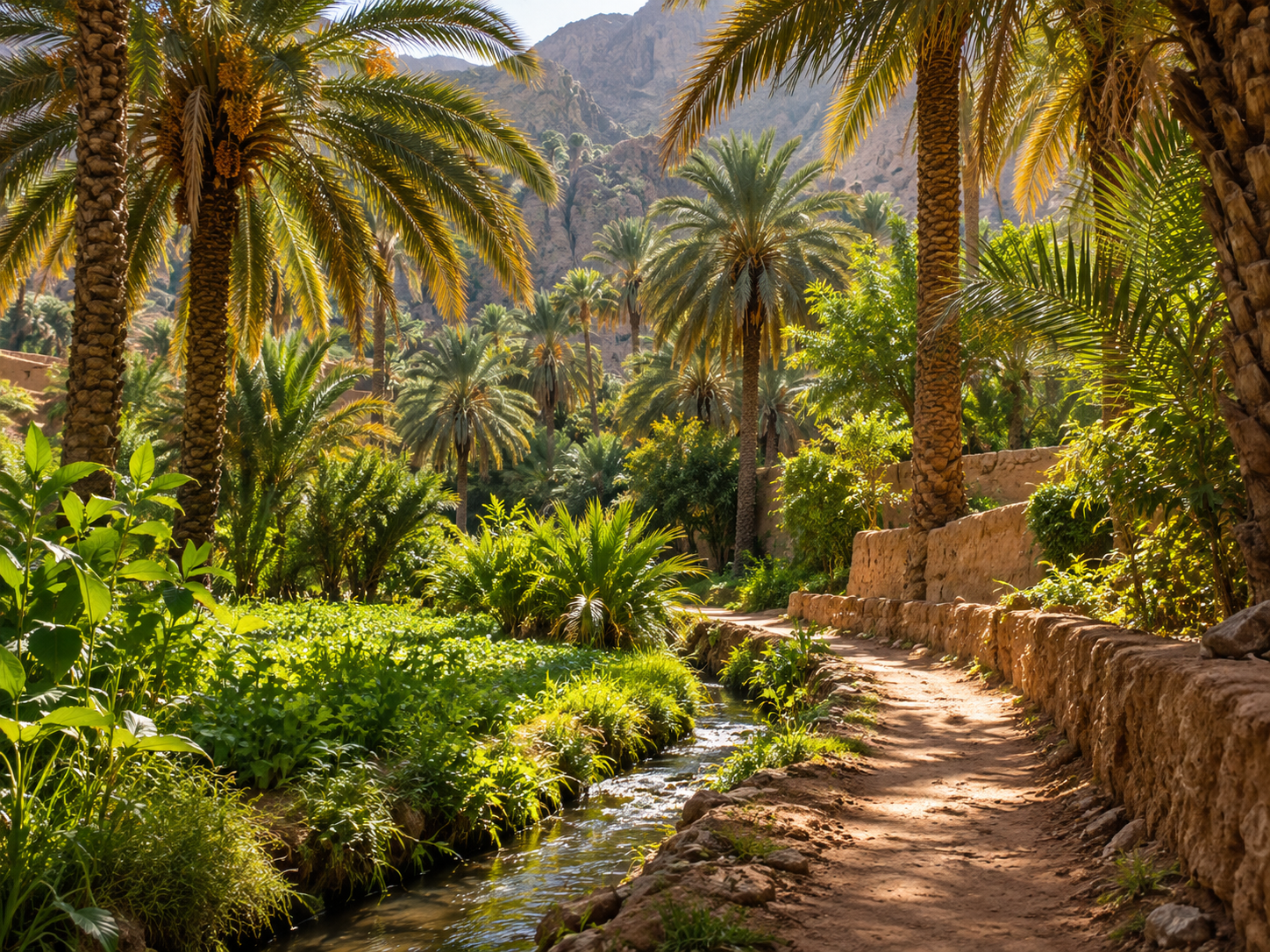 Lush palm grove with a narrow irrigation channel, footpath and mountain backdrop