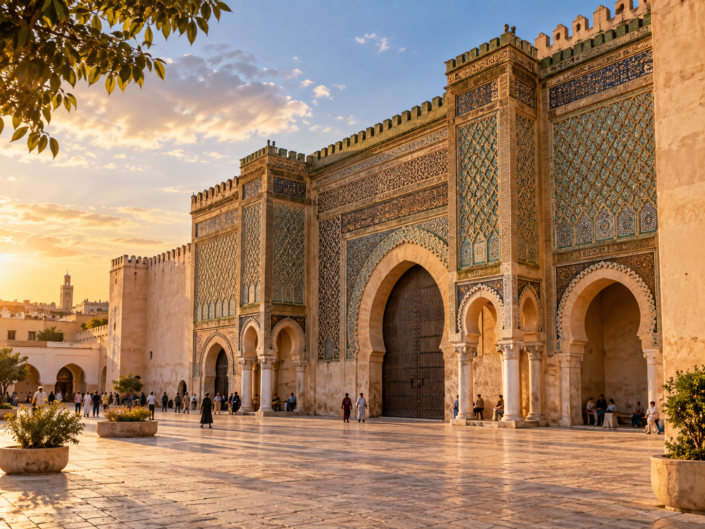 Richly decorated historic gate in the medina of Fez or Meknes
