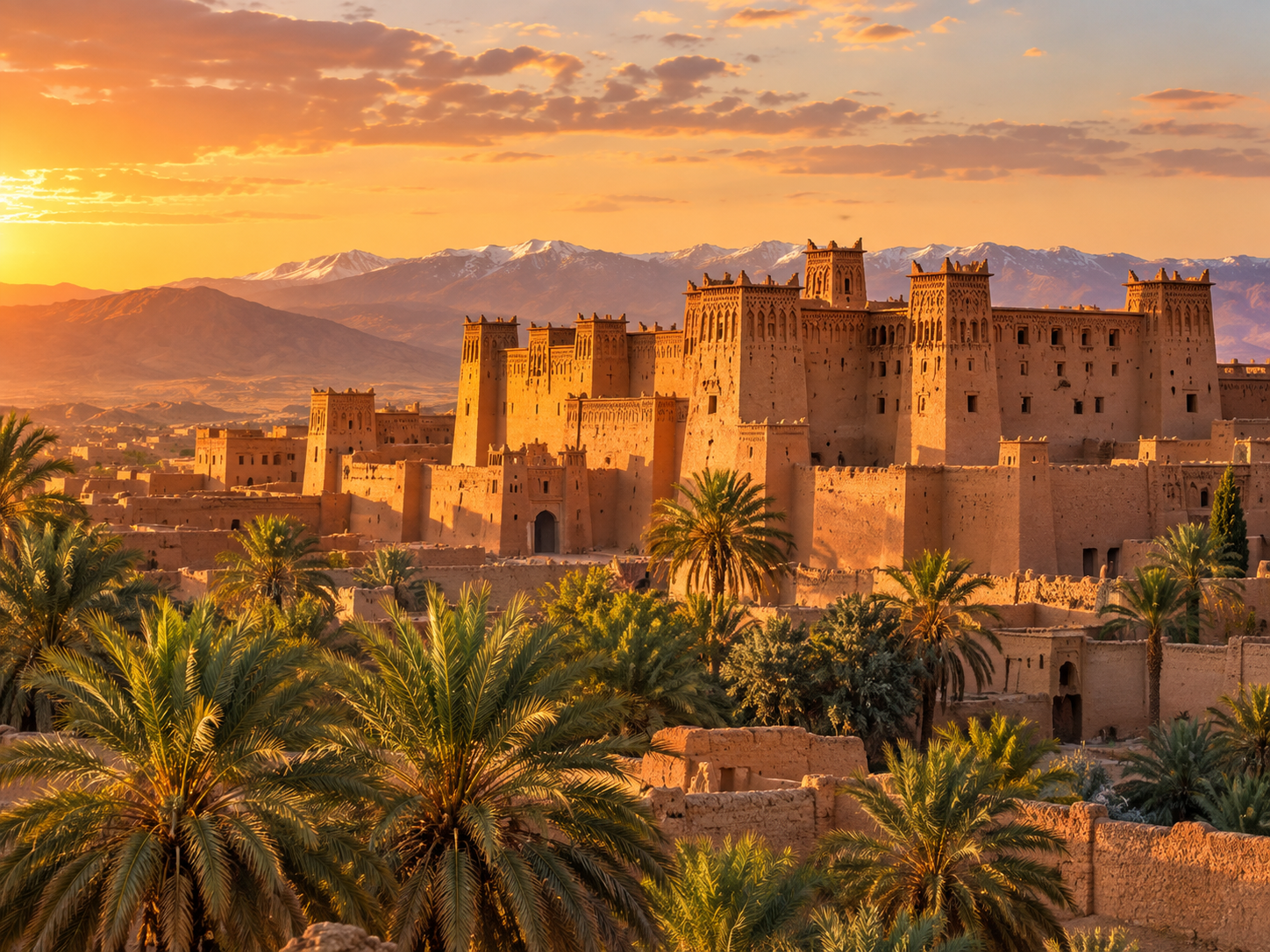 Kasbah of Ait Ben Haddou with palm trees and mountain backdrop