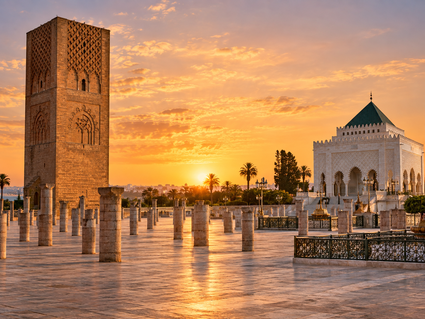 Hassan Tower and the Mohammed V Mausoleum in Rabat at sunset