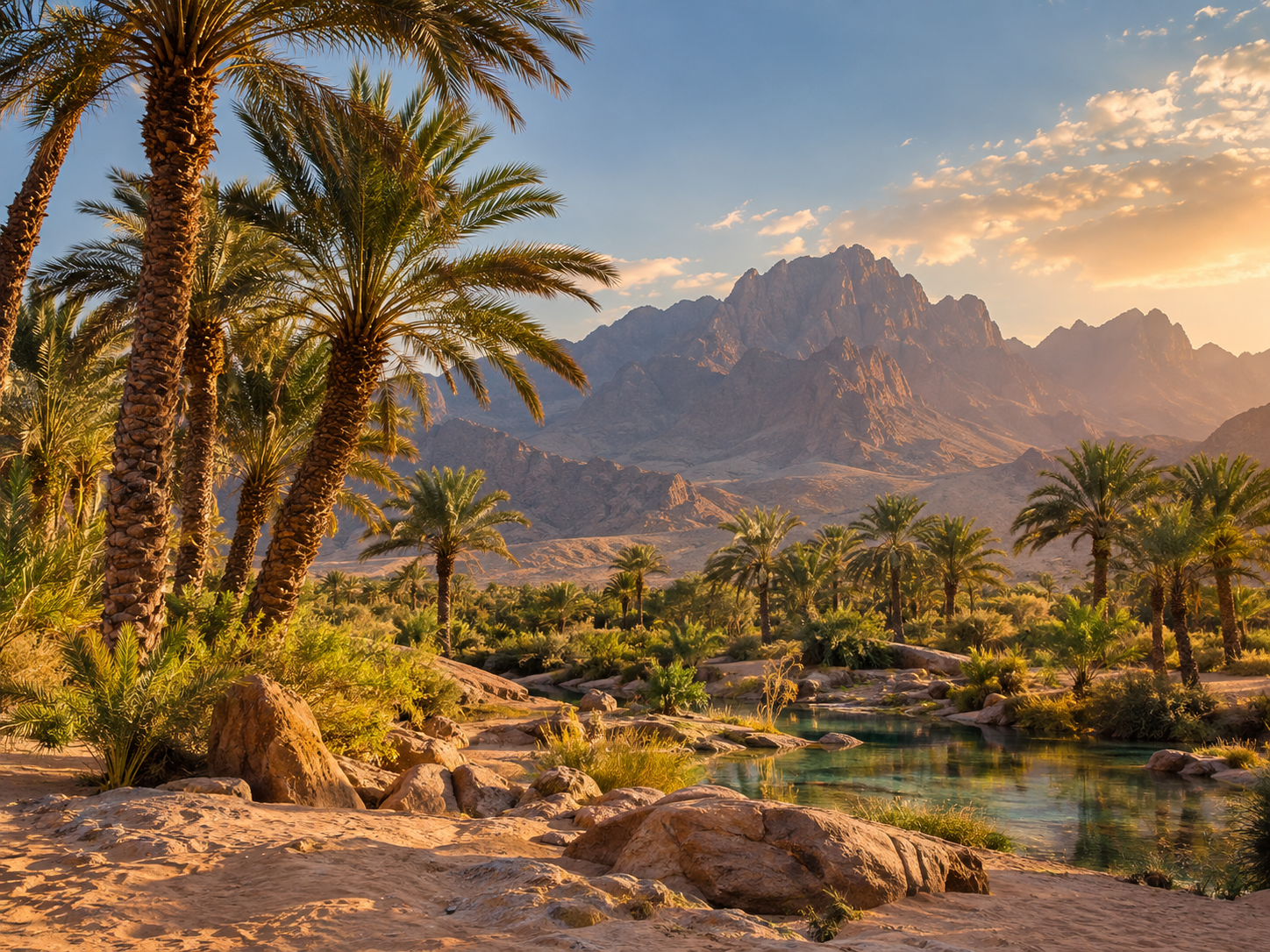 Palm oasis beside clear water with rugged mountains glowing at sunset