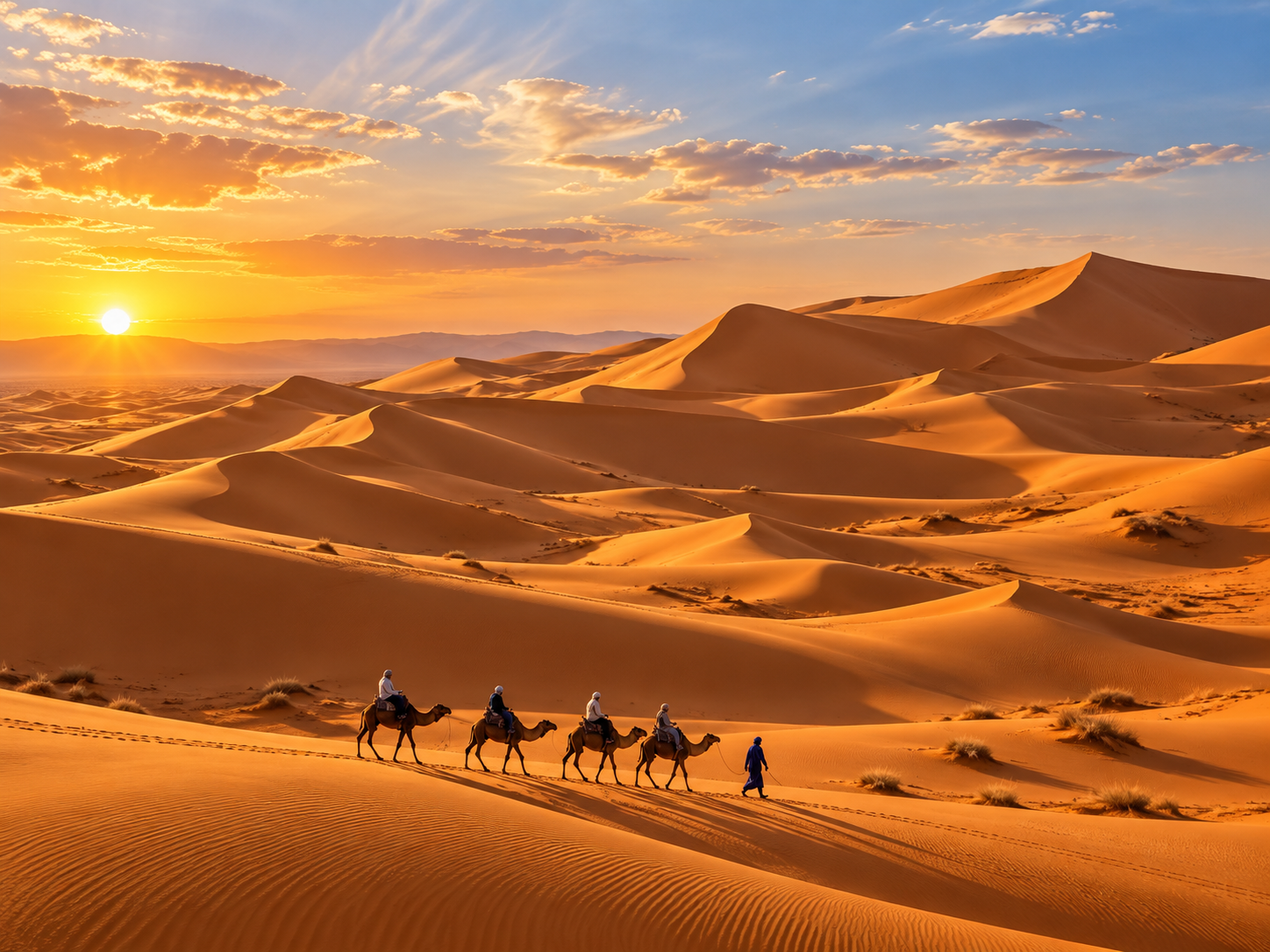 Camel trekking Morocco experience with a camel caravan crossing golden Sahara dunes
