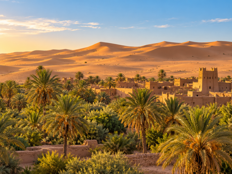 Palm oasis and golden dunes in the Moroccan Sahara