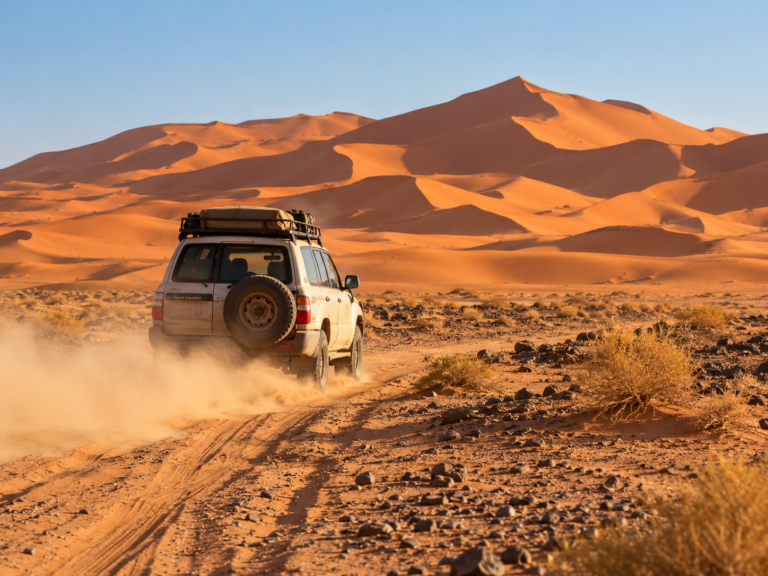 4x4 vehicle driving toward large golden Sahara dunes in southern Morocco