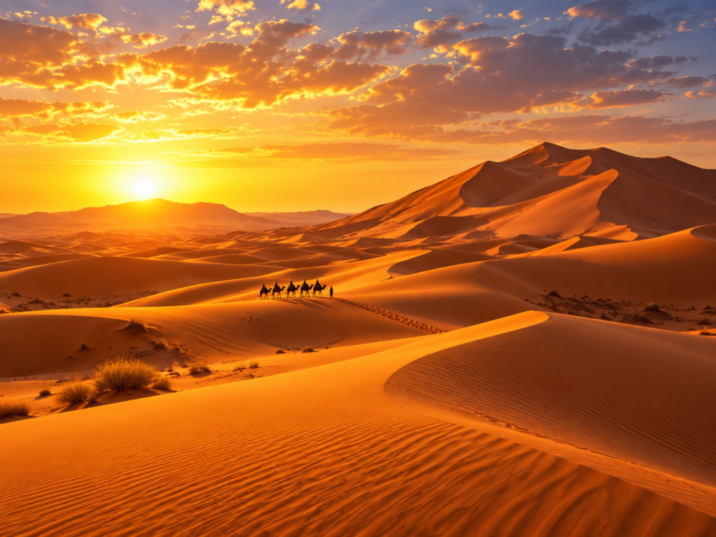 Camel caravan crossing golden Sahara dunes at sunset