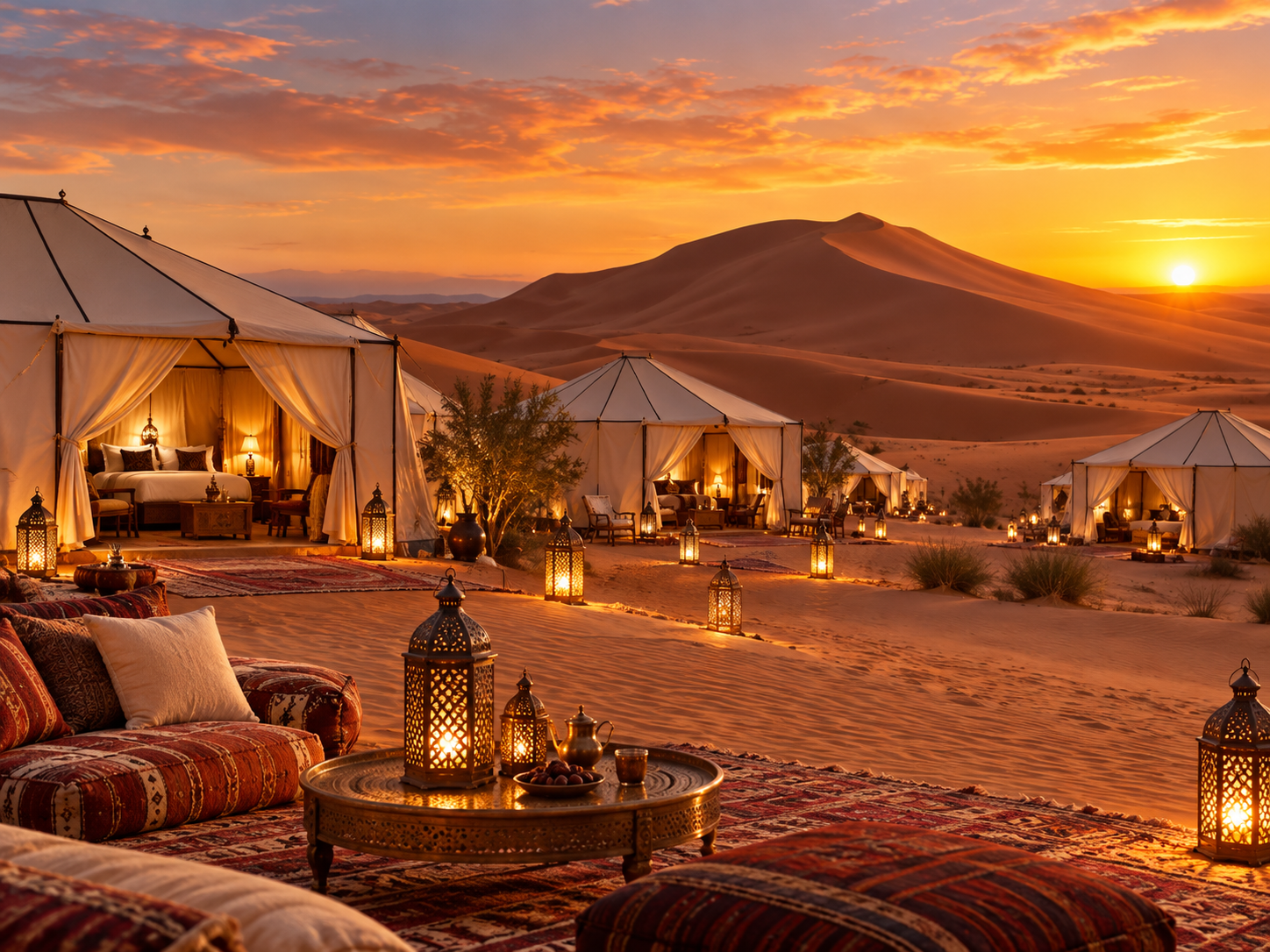 Best time to visit Sahara Morocco guide showing a luxury desert camp with illuminated tents at sunset