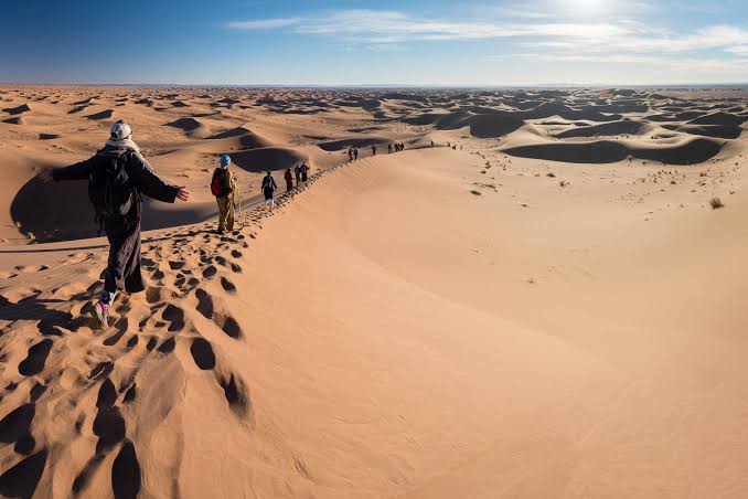 Group of travelers walking along a sand dune ridge in the Sahara